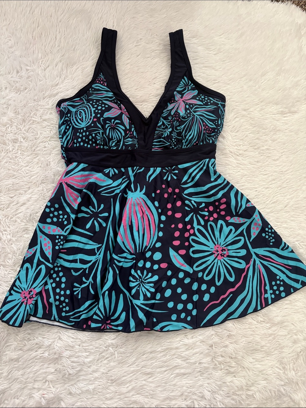 New In Packaging One Piece Navy Blue Printed Swim Dress Size M